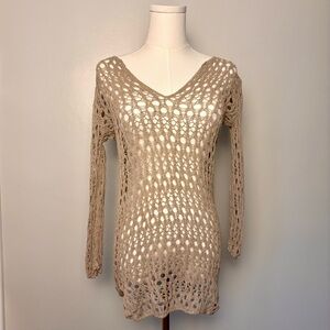Velvet Beige Crochet Open Knit Long Sleeve Sweater Sz XS